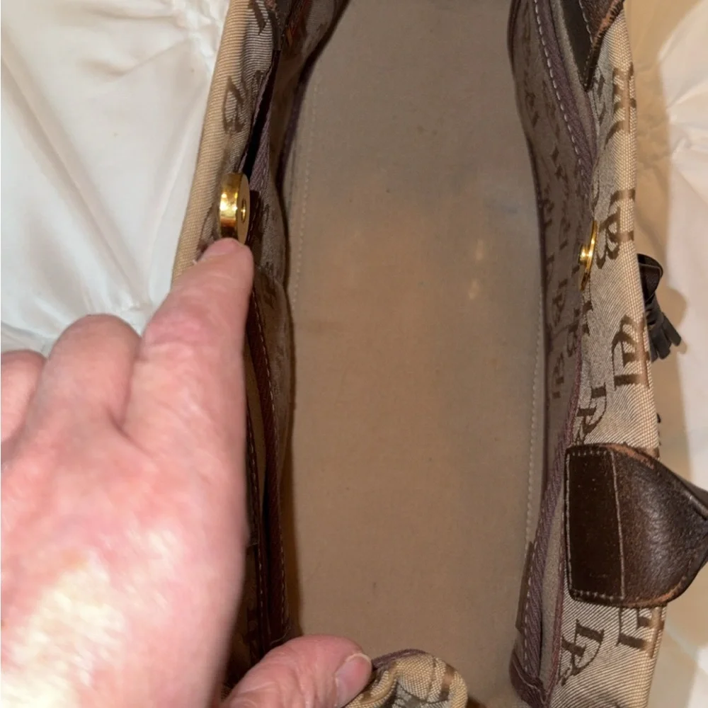 Vintage Dooney & Bourke Signature Tulip Tassel Tote Brown Leather/Canvas - Picture 4 of 12
